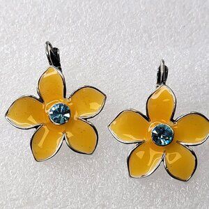 Yellow Enamel Flower Earrings with Blue Rhinestone
